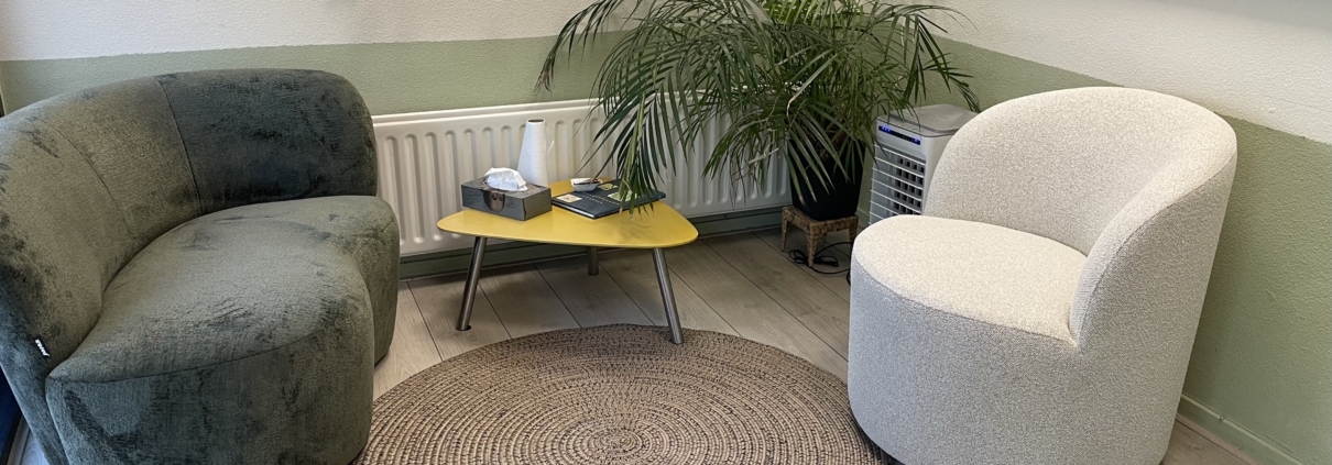 Praktijkinrchting van een counsellor. Kleine sofa en een mooie zetel en rustig groene sfeer