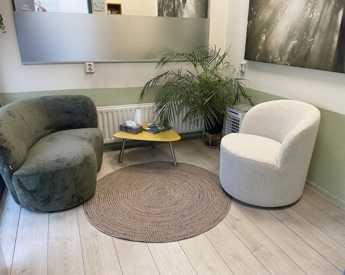 Praktijkinrchting van een counsellor. Kleine sofa en een mooie zetel en rustig groene sfeer