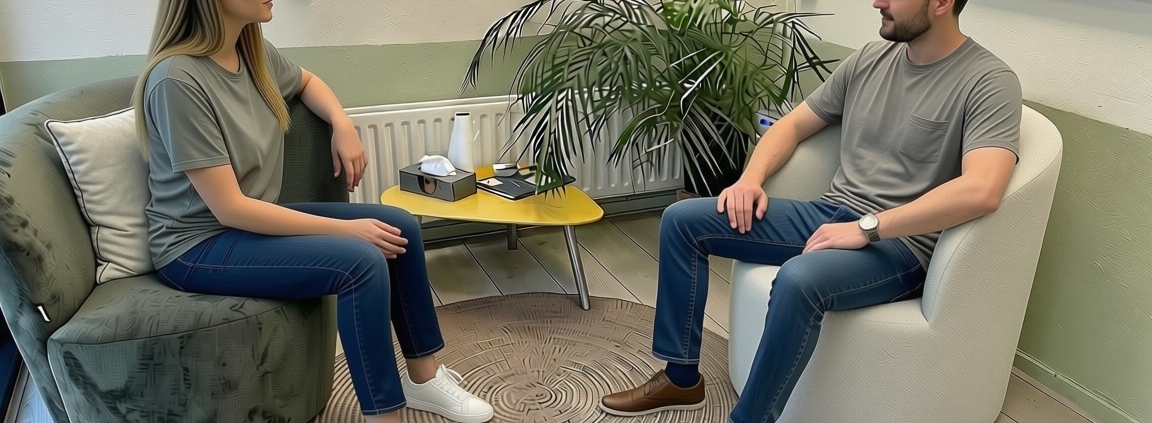 Counsellor en in client in gesprek in een counselling praktijk