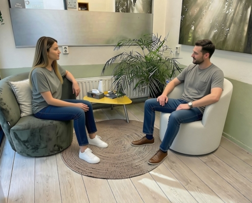 Counsellor en in client in gesprek in een counselling praktijk