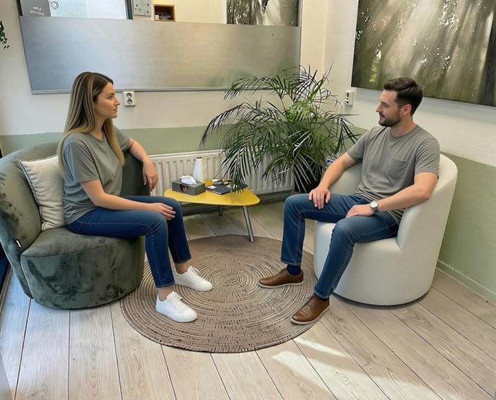 Counsellor en in client in gesprek in een counselling praktijk